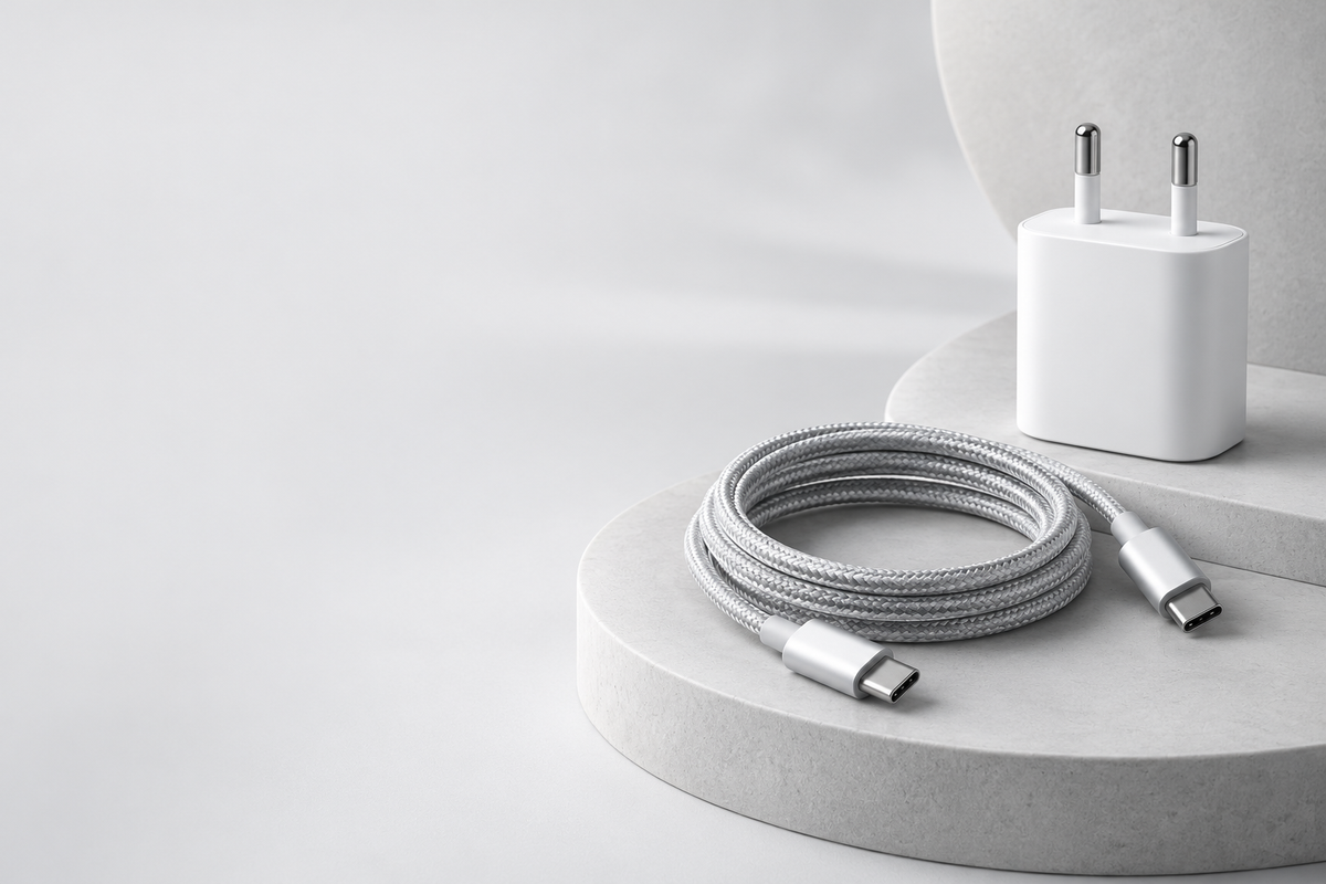 White charging adapter and silver-grey USB-C cable on a pale grey studio platform