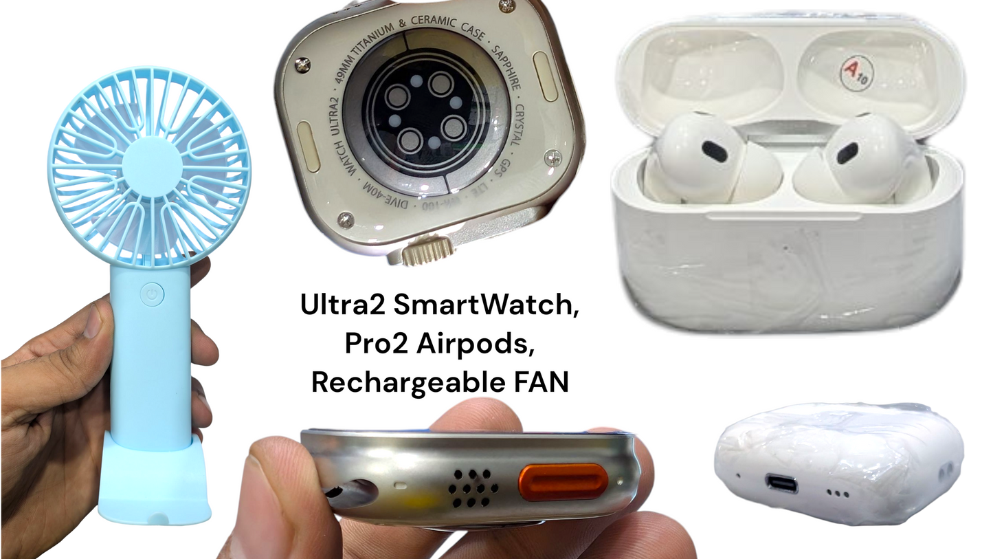 H66PLUS Smartwatch Combo – Watch ⌚ + Wireless Earbuds 🎧 + Portable Fan – High Quality