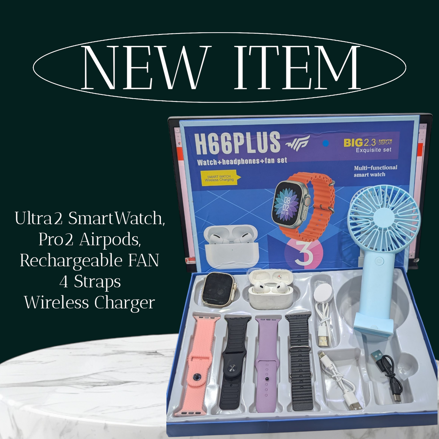 H66PLUS Smartwatch Combo – Watch ⌚ + Wireless Earbuds 🎧 + Portable Fan – High Quality