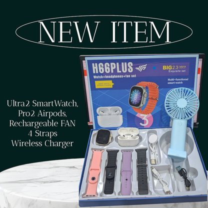 H66PLUS Smartwatch Combo – Watch ⌚ + Wireless Earbuds 🎧 + Portable Fan – High Quality