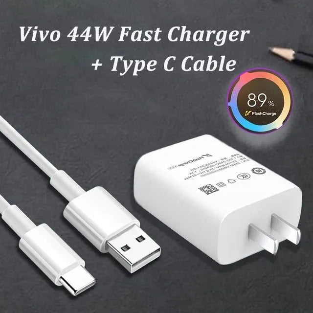 Original Vivo 44W Fast Charger FlashCharge 2.0 Adapter USB Type C Cable For Vivo X70 X60 X50 Pro T1 IQOO Neo855 Z5X Z6 Z5 Y5s S12 S10 Pro