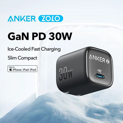 Original Anker Zolo 30W Compact GaN Charger PIQ 3.0 PPS Fast Charging Exclusive Low-Temperature Technology Ultra-Safe iphone 17/16/15/14/13/12 iPad Google pixe 9 8 Pro, 7 pro ,6 Pro, Universal Compatibility PD Changing