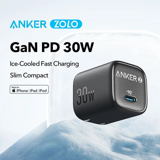 Original Anker Zolo 30W Compact GaN Charger PIQ 3.0 PPS Fast Charging Exclusive Low-Temperature Technology Ultra-Safe iphone 17/16/15/14/13/12 iPad Google pixe 9 8 Pro, 7 pro ,6 Pro, Universal Compatibility PD Changing
