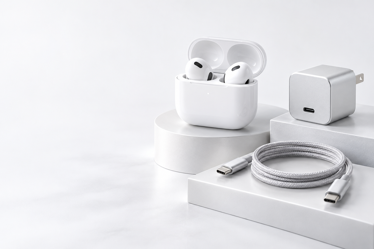 White earbuds, silver USB-C charger and grey braided cable on light studio platforms